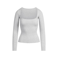 COTTON JERSEY SCOOP NECK LONG SLEEVE TOP | LIGHT HEATHER GREY FLAT ON A WHITE BACKGROUND | FLT