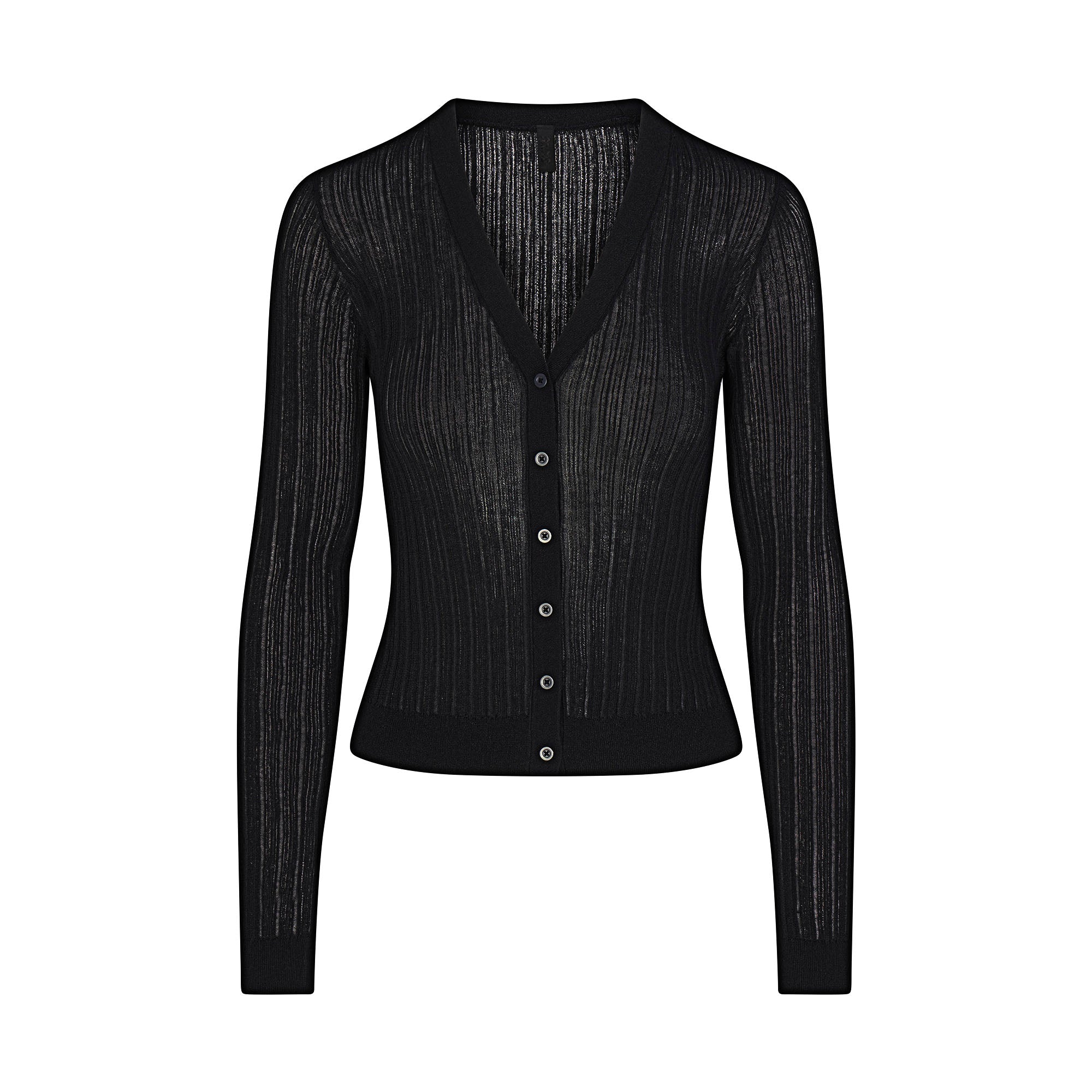 SHEER KNIT CARDIGAN | ONYX FLAT ON A WHITE BACKGROUND | FLT