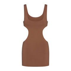 COTTON JERSEY CUT OUT MINI DRESS | JASPER LAYS FLAT ON A WHITE BACKGROUND | FLT