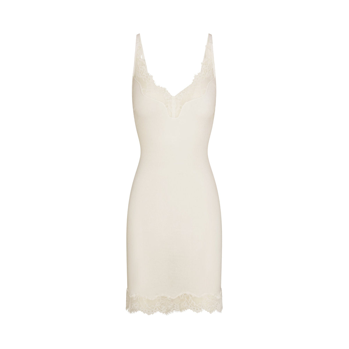 RIB KNIT LACE MINI DRESS | EGRET FLAT ON A WHITE BACKGROUND | FLT