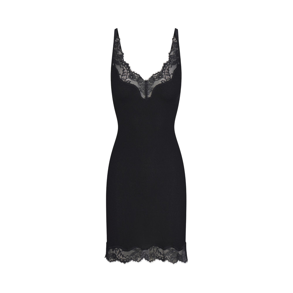 RIB KNIT LACE MINI DRESS | OBSIDIAN FLAT ON A WHITE BACKGROUND | FLT