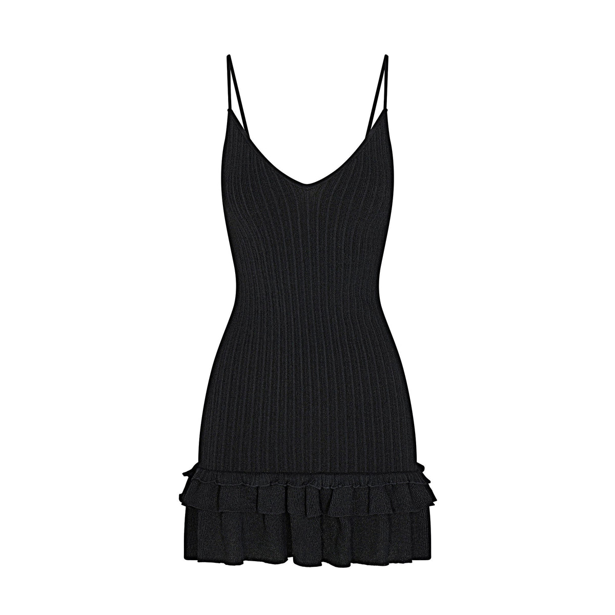 SHEER KNIT RUFFLE DRESS | ONYX FLAT ON A WHITE BACKGROUND | FLT