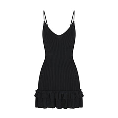 SHEER KNIT RUFFLE DRESS | ONYX FLAT ON A WHITE BACKGROUND | FLT