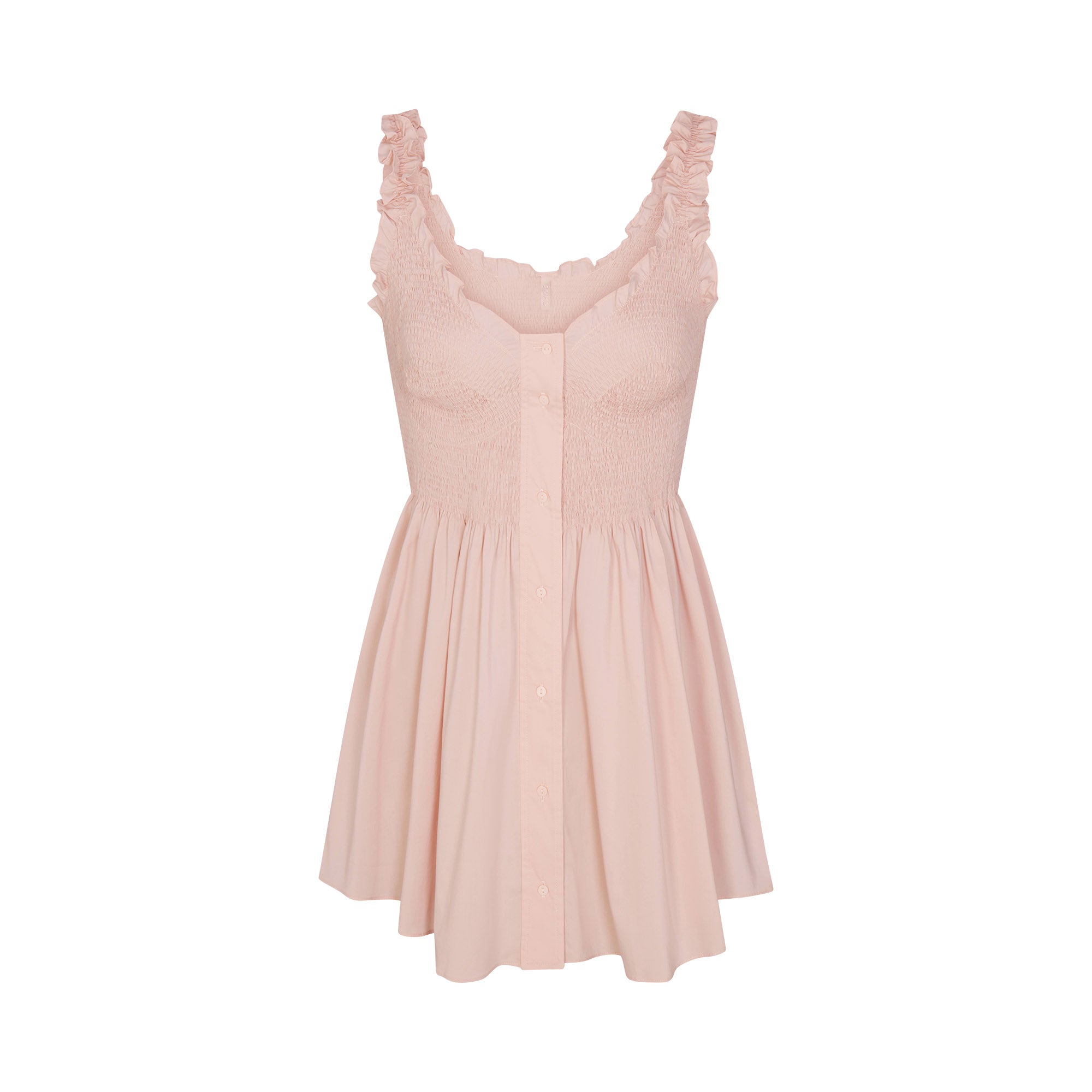 COTTON POPLIN MINI SMOCKED DRESS | DUSTY PINK FLAT ON A WHITE BACKGROUND | FLT