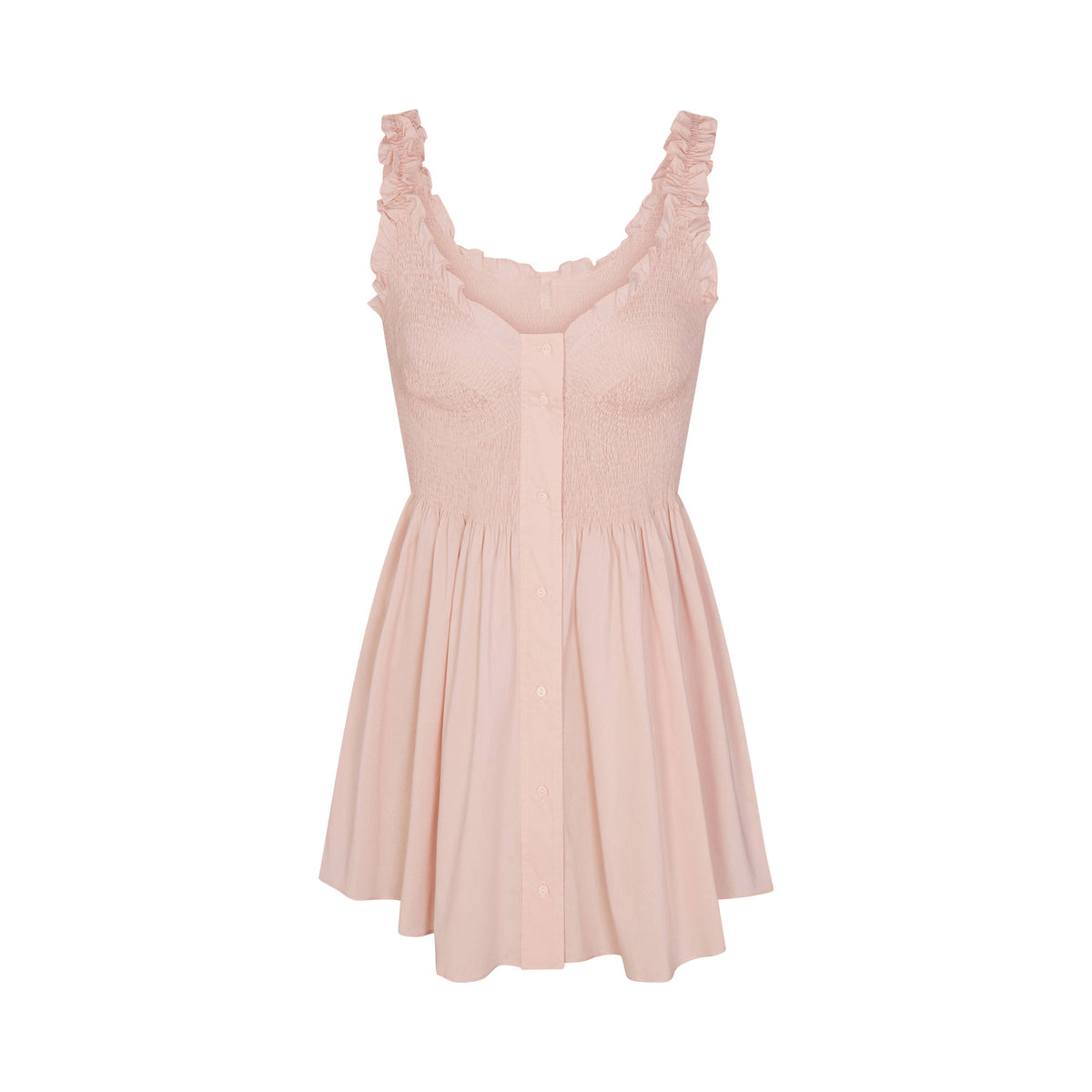COTTON POPLIN MINI SMOCKED DRESS | DUSTY PINK FLAT ON A WHITE BACKGROUND | FLT