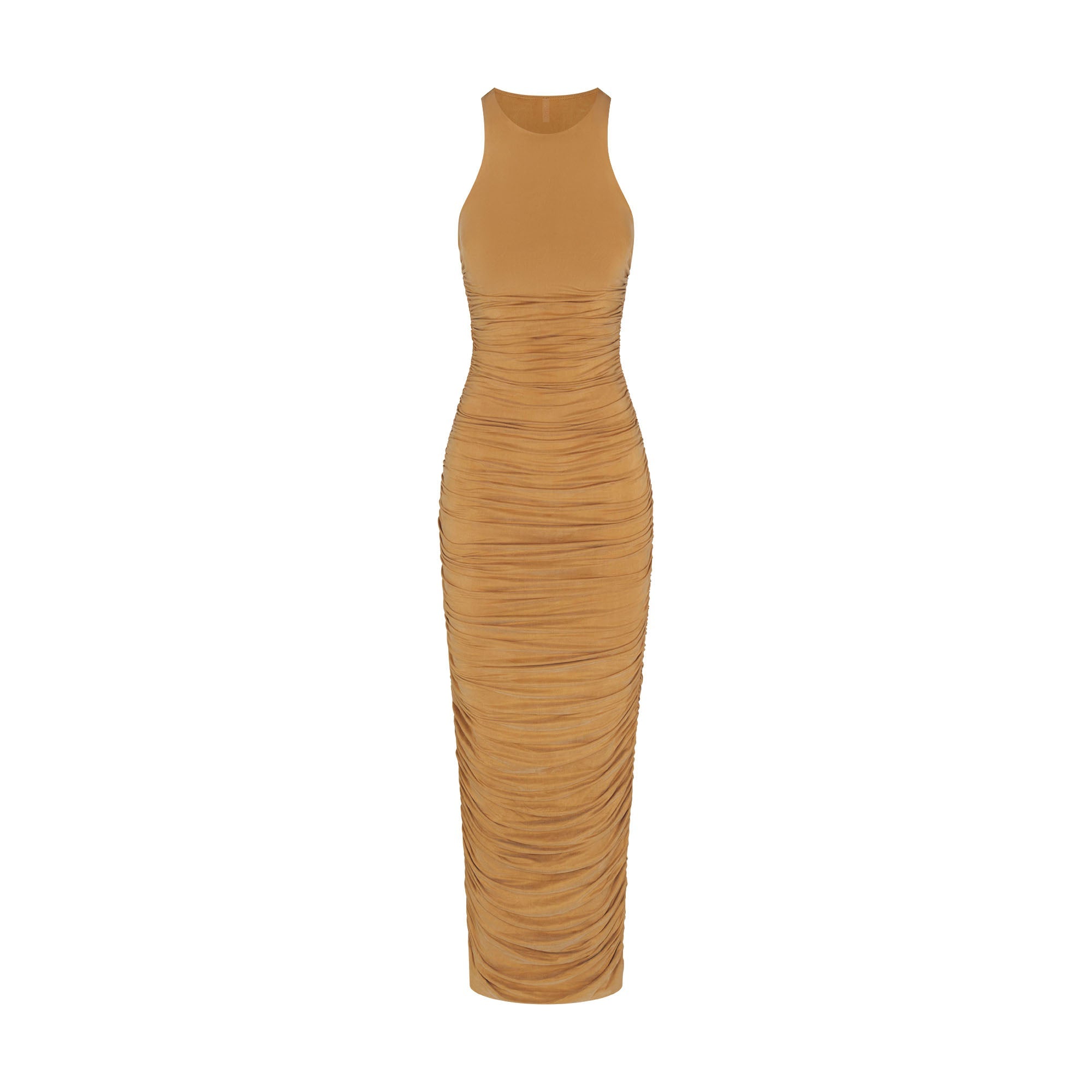 CUPRO JERSEY RUCHED LONG DRESS | ALMOND FLAT ON A WHITE BACKGROUND | FLT