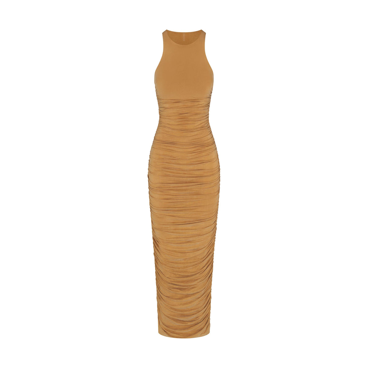 CUPRO JERSEY RUCHED LONG DRESS | ALMOND FLAT ON A WHITE BACKGROUND | FLT