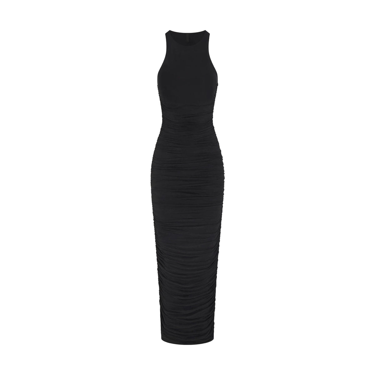 CUPRO JERSEY RUCHED LONG DRESS | OBSIDIAN FLAT ON A WHITE BACKGROUND | FLT