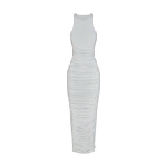 CUPRO JERSEY RUCHED LONG DRESS | PEARL FLAT ON A WHITE BACKGROUND | FLT