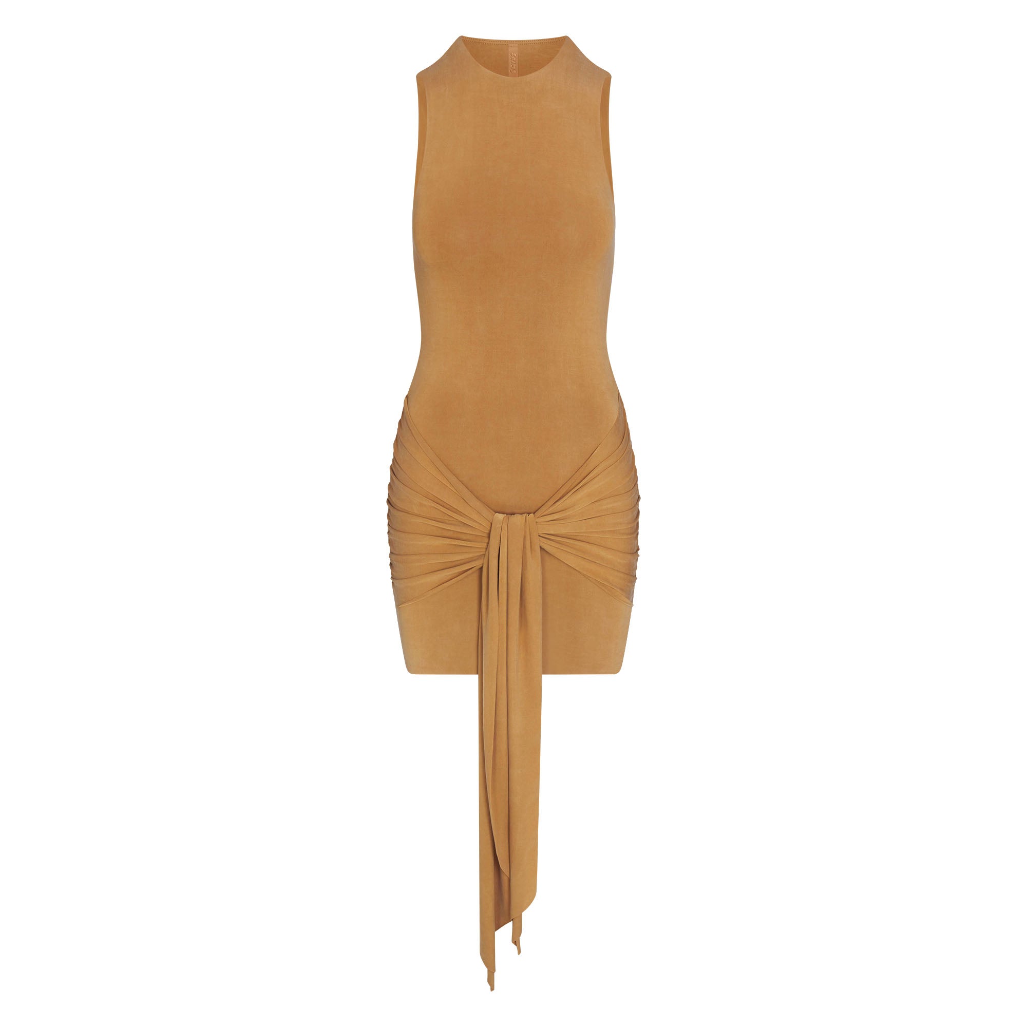 CUPRO JERSEY WRAP MINI DRESS | ALMOND FLAT ON A WHITE BACKGROUND | FLT