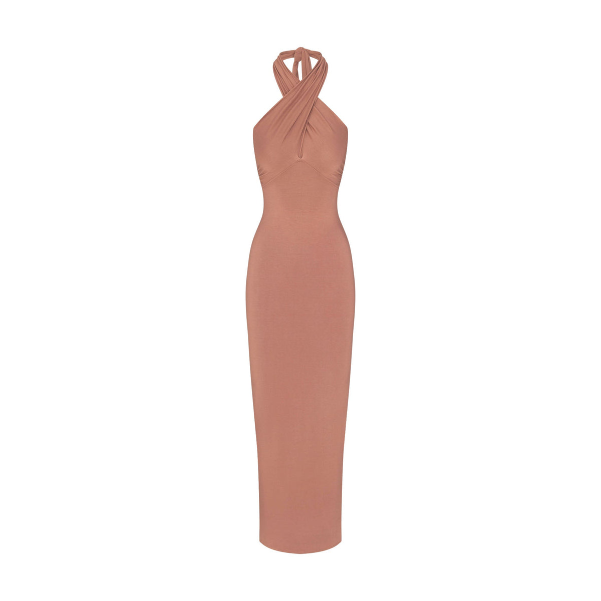 SMOOTH LAYERS CONVERTIBLE LONG DRESS | NUTMEG FLAT ON A WHITE BACKGROUND | FLT