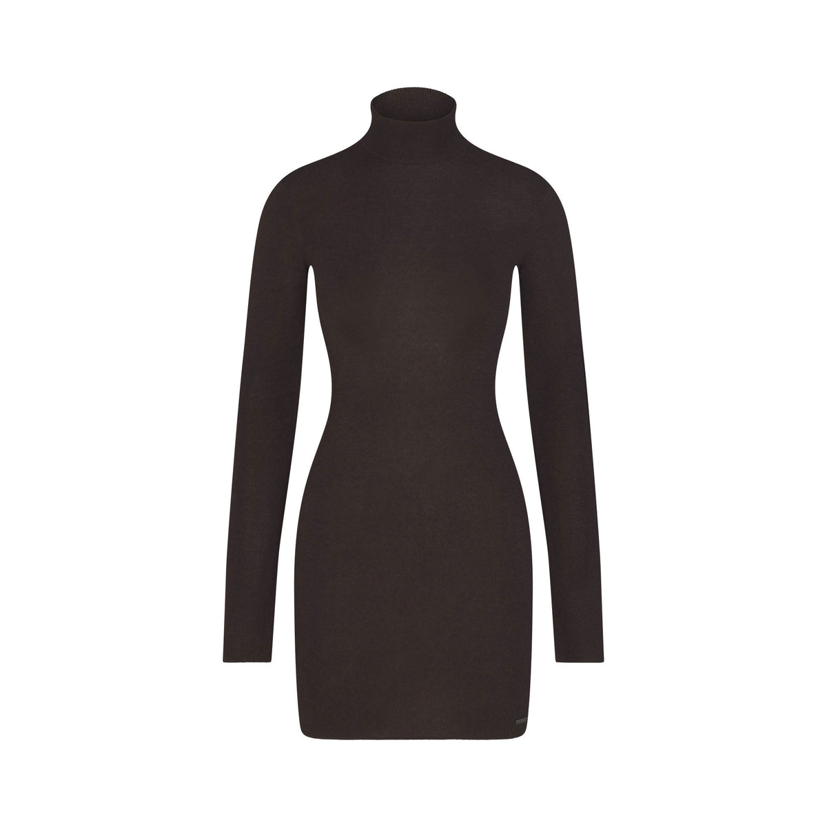 ESSENTIAL SWEATERS MOCK NECK MINI DRESS | ESPRESSO FLAT ON A WHITE BACKGROUND | FLT