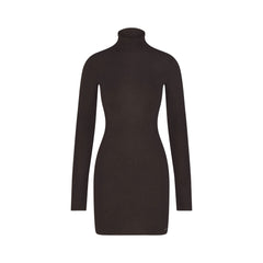 ESSENTIAL SWEATERS MOCK NECK MINI DRESS | ESPRESSO FLAT ON A WHITE BACKGROUND | FLT