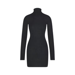 ESSENTIAL SWEATERS MOCK NECK MINI DRESS | ONYX FLAT ON A WHITE BACKGROUND | FLT