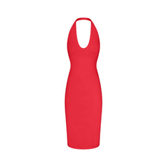 SMOOTH LAYERS HALTER MIDI DRESS | CARMINE FLAT ON A WHITE BACKGROUND | FLT
