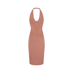 SMOOTH LAYERS HALTER MIDI DRESS | NUTMEG FLAT ON A WHITE BACKGROUND | FLT
