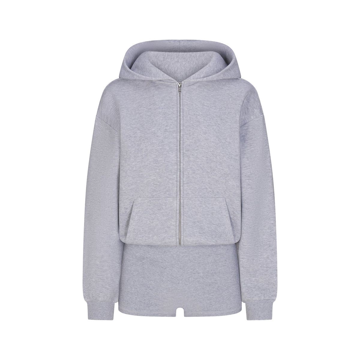 COTTON FLEECE ZIP UP ONESIE | HEATHER GREY FLAT ON A WHITE BACKGROUND | FLT
