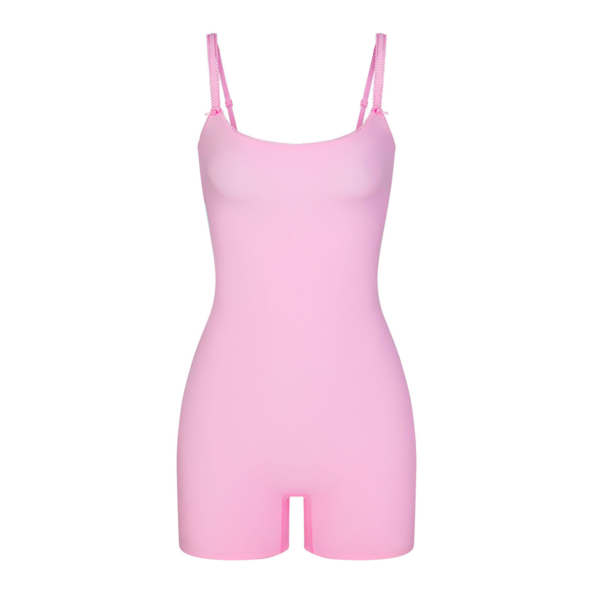 FITS EVERYBODY PICOT TRIM ONESIE | BUBBLE GUM (ONESIES, BODYSUITS) LAYS FLAT ON A WHITE BACKGROUND | FLT