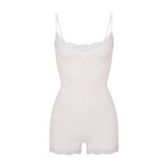 FITS EVERYBODY LACE ONESIE | SLATE PIN DOT PRINT FLAT ON A WHITE BACKGROUND | FLT