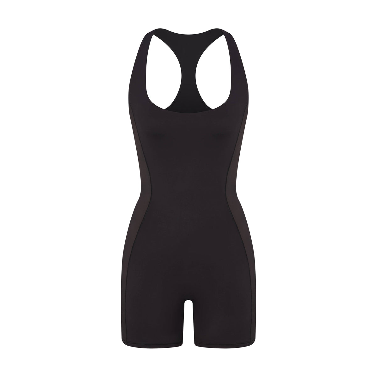 NikeSKIMS MATTE AND SHINE RACERBACK 5" ONE PIECE | OBSIDIAN/IGNEOUS FLAT ON A WHITE BACKGROUND | FLT