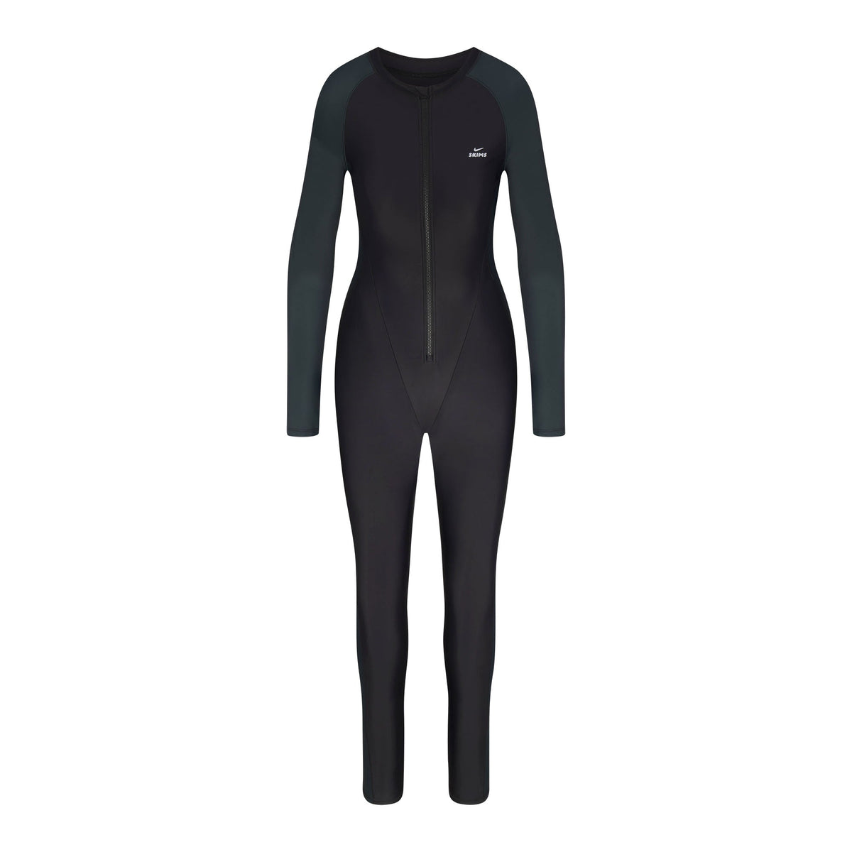 NikeSKIMS SHINE ZIP FRONT LONG ONESIE | OBSIDIAN AND DARK TEAL FLAT ON A WHITE BACKGROUND | FLT