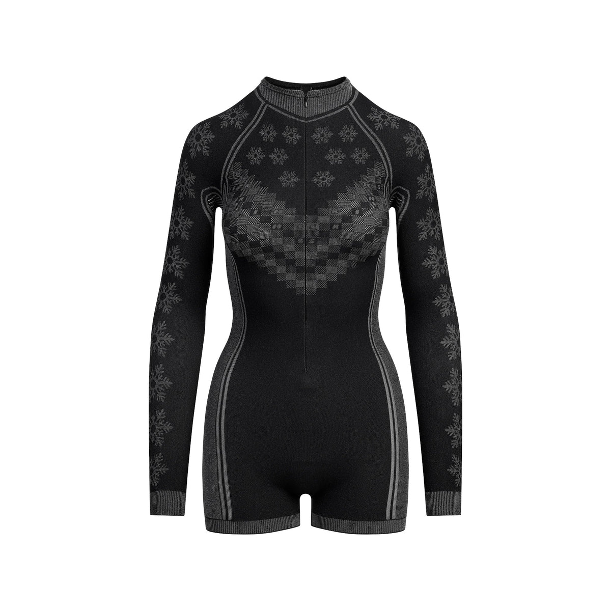 SKIMS FIRST LAYERS HALF ZIP ONESIE | OBSIDIAN WINTER FAIR ISLE FLAT ON A WHITE BACKGROUND | FLT