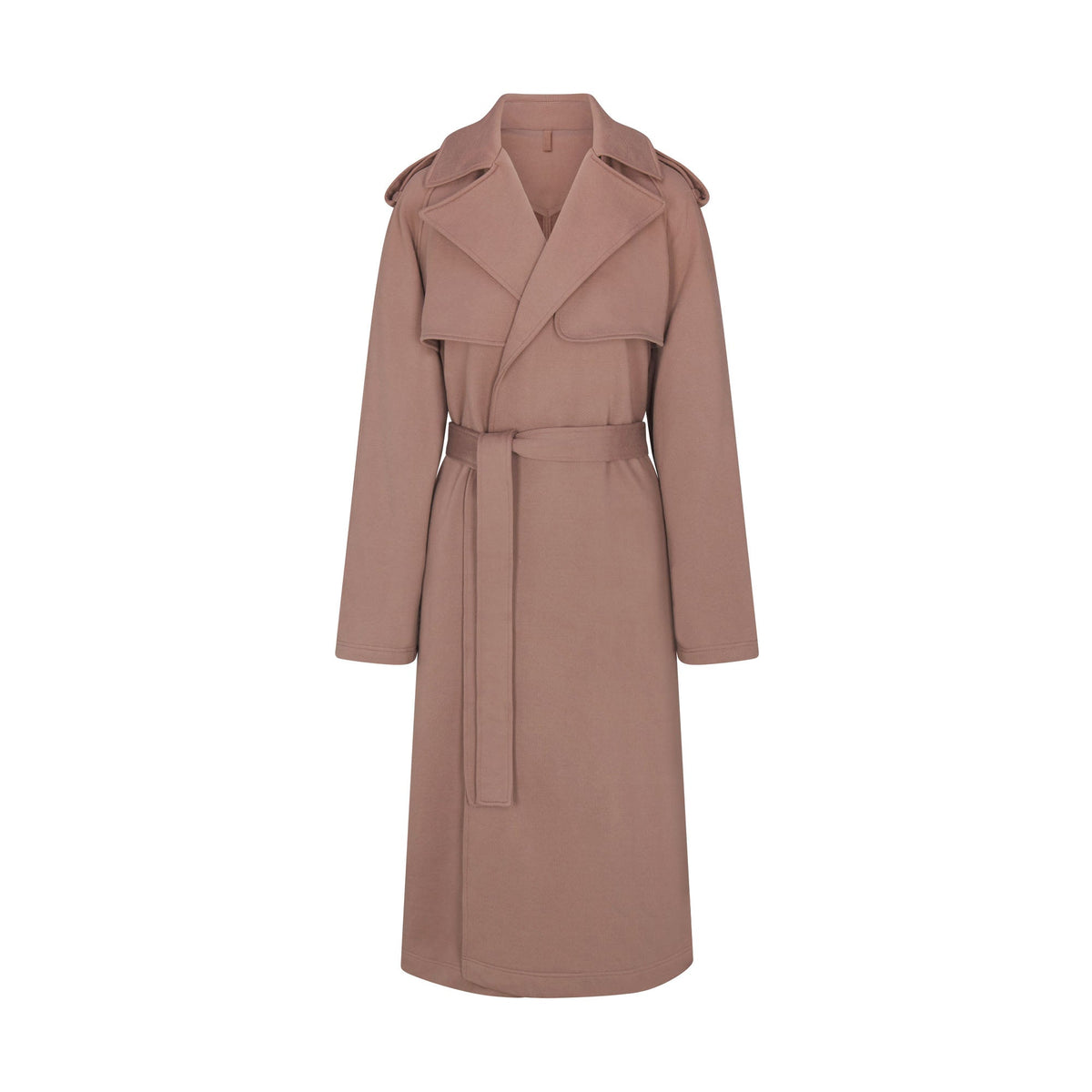 BOYFRIEND FLEECE TRENCH COAT | UMBER FLAT ON A WHITE BACKGROUND | FLT