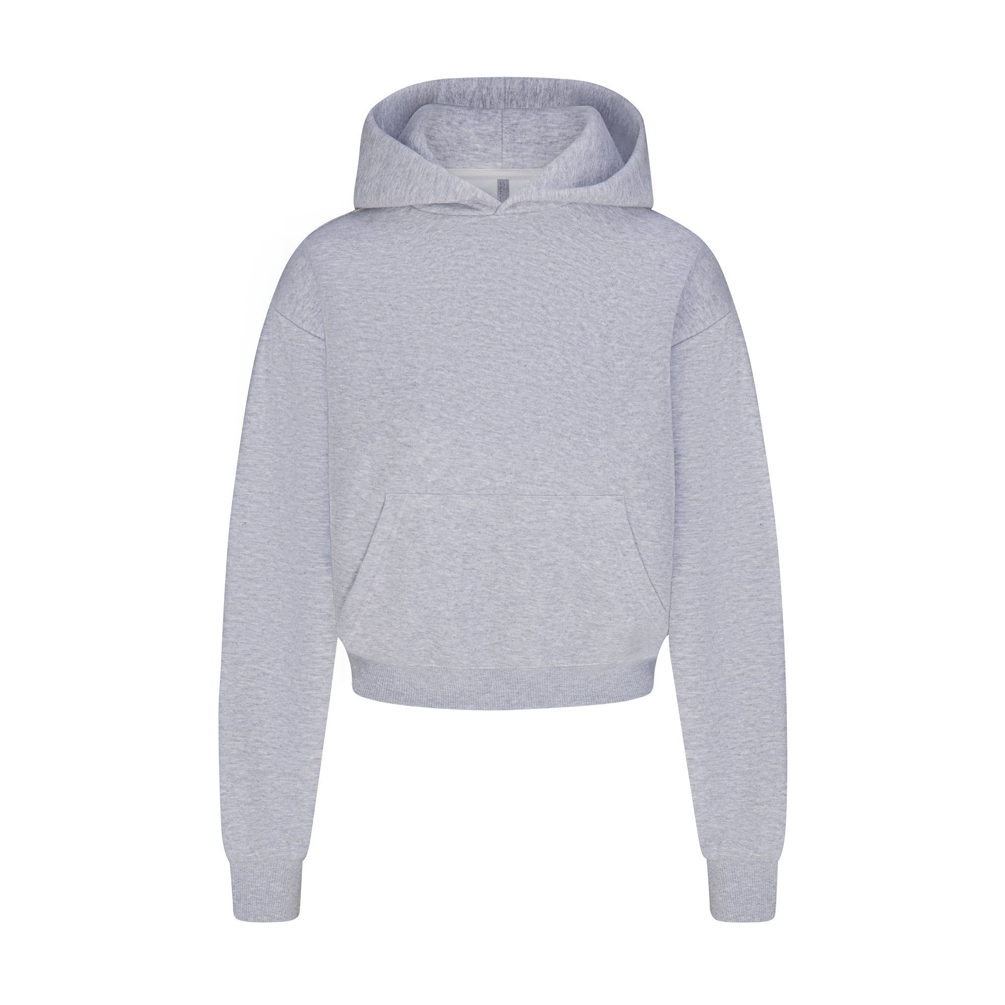 COTTON FLEECE CROPPED HOODIE | HEATHER GREY FLAT ON A WHITE BACKGROUND | FLT