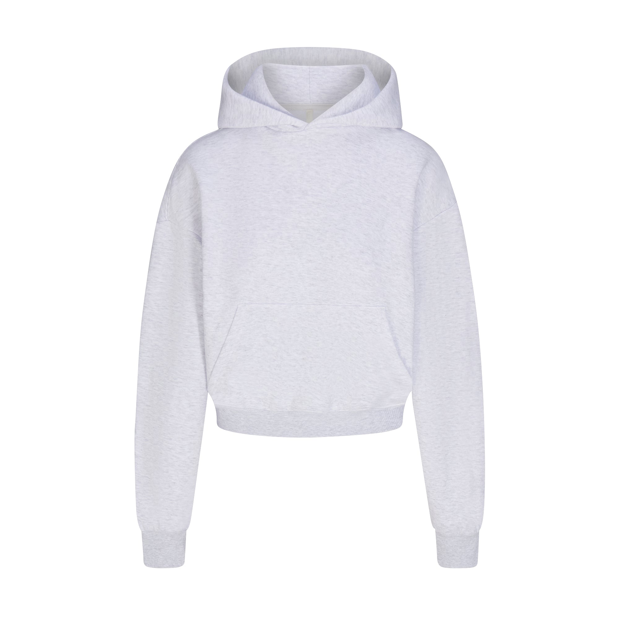 COTTON FLEECE CROPPED HOODIE | LIGHT HEATHER GREY FLAT ON A WHITE BACKGROUND | FLT