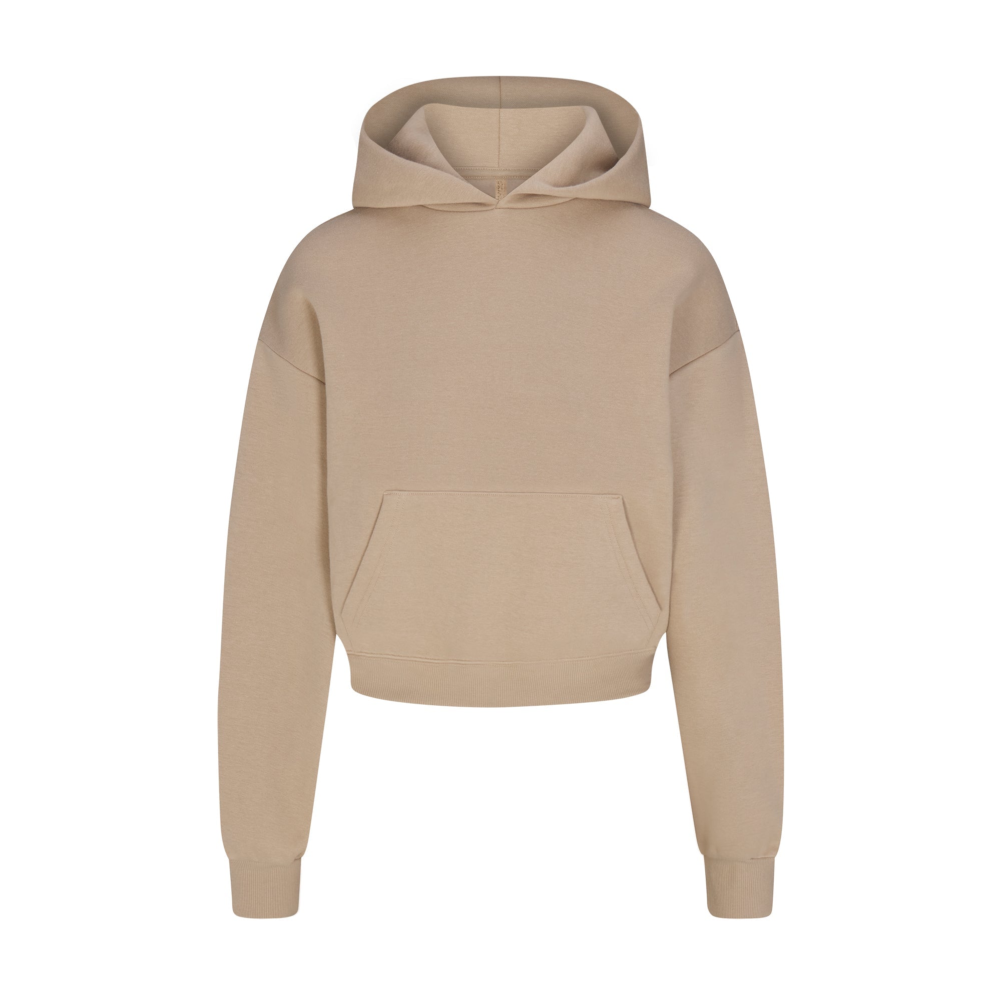 COTTON FLEECE CROPPED HOODIE | LATTE FLAT ON A WHITE BACKGROUND | FLT