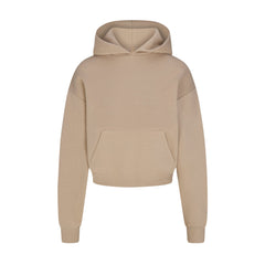 COTTON FLEECE CROPPED HOODIE | LATTE FLAT ON A WHITE BACKGROUND | FLT