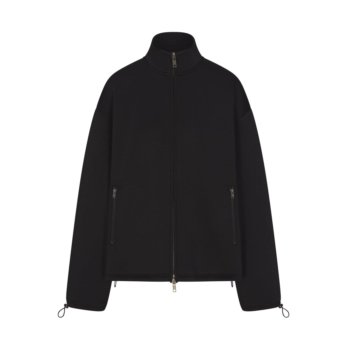 NEOPRENE OUTERWEAR OVERSIZED MOCK NECK JACKET | OBSIDIAN LAYS FLAT ON A WHITE BACKGROUND | FLT
