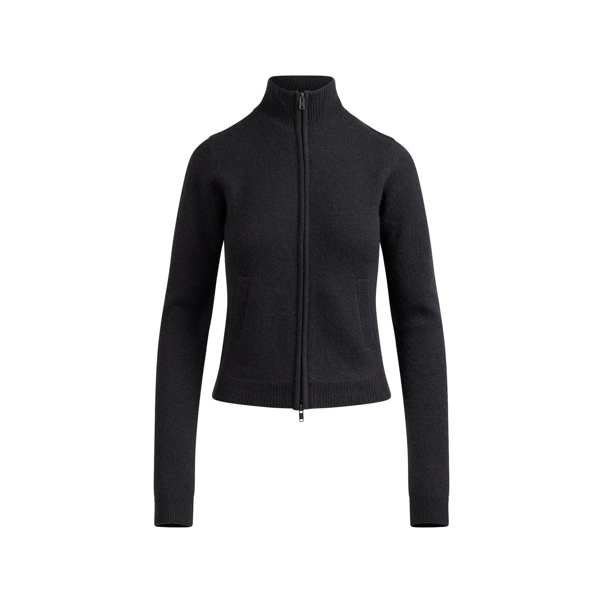 WOOL CASHMERE ZIP UP MOCK NECK SWEATER | ONYX FLAT ON A WHITE BACKGROUND | FLT
