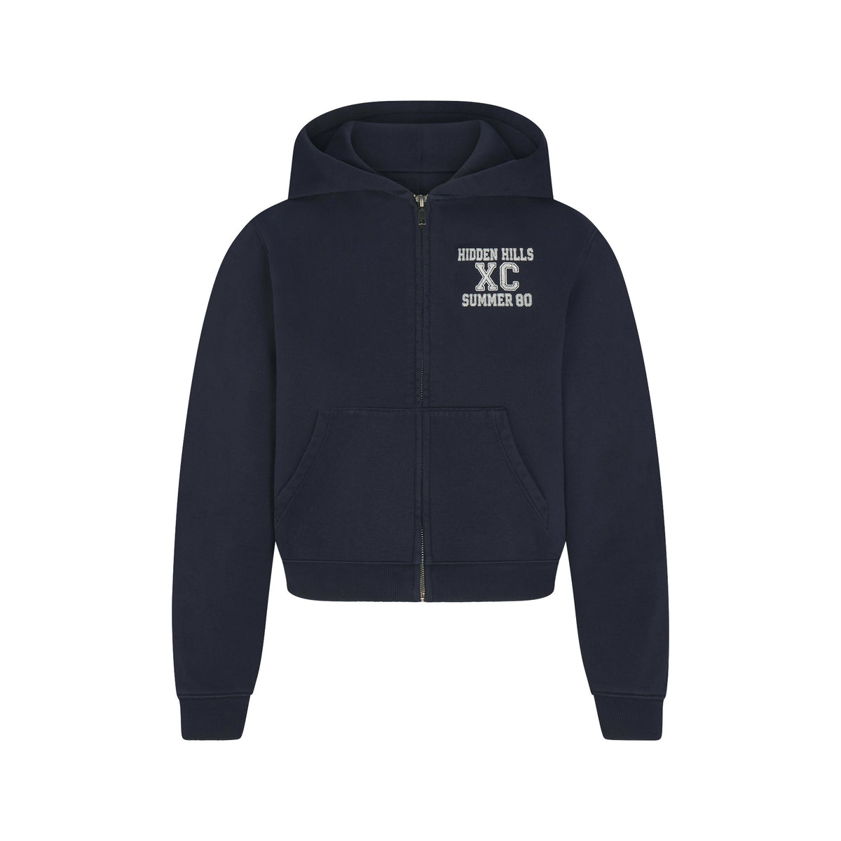 BOYFRIEND FLEECE ZIP UP HOODIE | NAVY HIDDEN HILLS FLAT ON A WHITE BACKGROUND | FLT