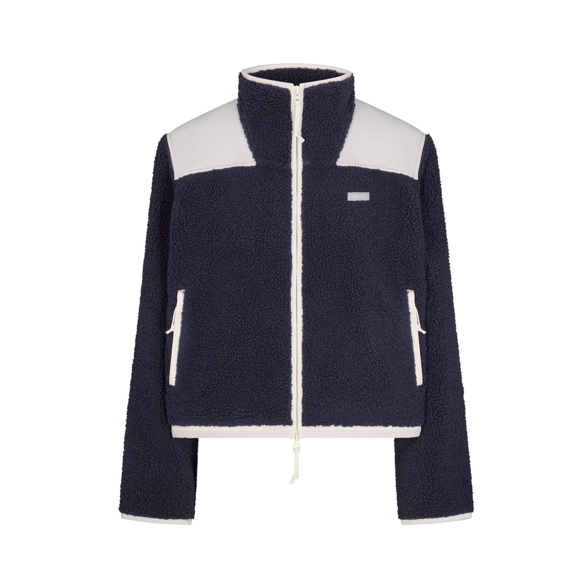 TEDDY BOXY ZIP UP JACKET | NAVY & LAYS FLAT ON A WHITE BACKGROUND | FLT
