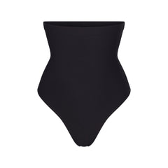 SKIMS BODY CORE SCULPT HIGH-WAISTED THONG | ONYX FLAT ON A WHITE BACKGROUND | FLT | FLT