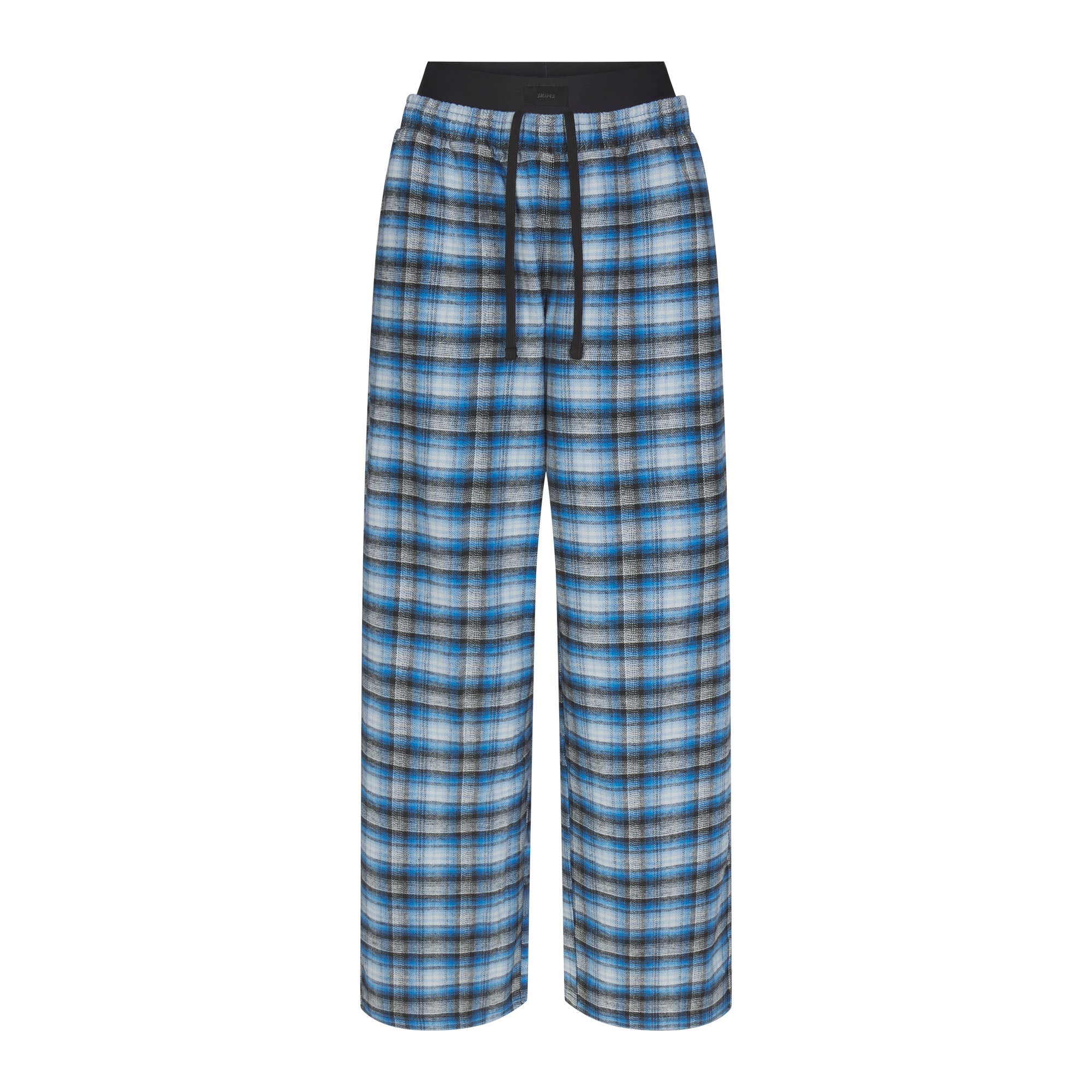 OUTDOOR FLANNEL OVERSIZED DOUBLE WAISTBAND PANT | AZURE PLAID & LAYS FLAT ON A WHITE BACKGROUND | FLT