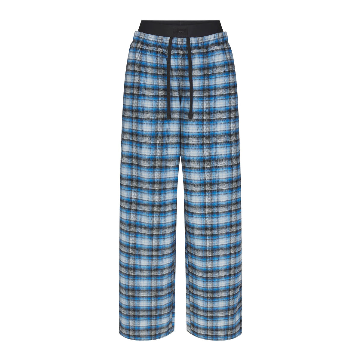 OUTDOOR FLANNEL OVERSIZED DOUBLE WAISTBAND PANT | AZURE PLAID & LAYS FLAT ON A WHITE BACKGROUND | FLT