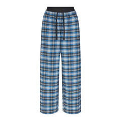 OUTDOOR FLANNEL OVERSIZED DOUBLE WAISTBAND PANT | AZURE PLAID & LAYS FLAT ON A WHITE BACKGROUND | FLT