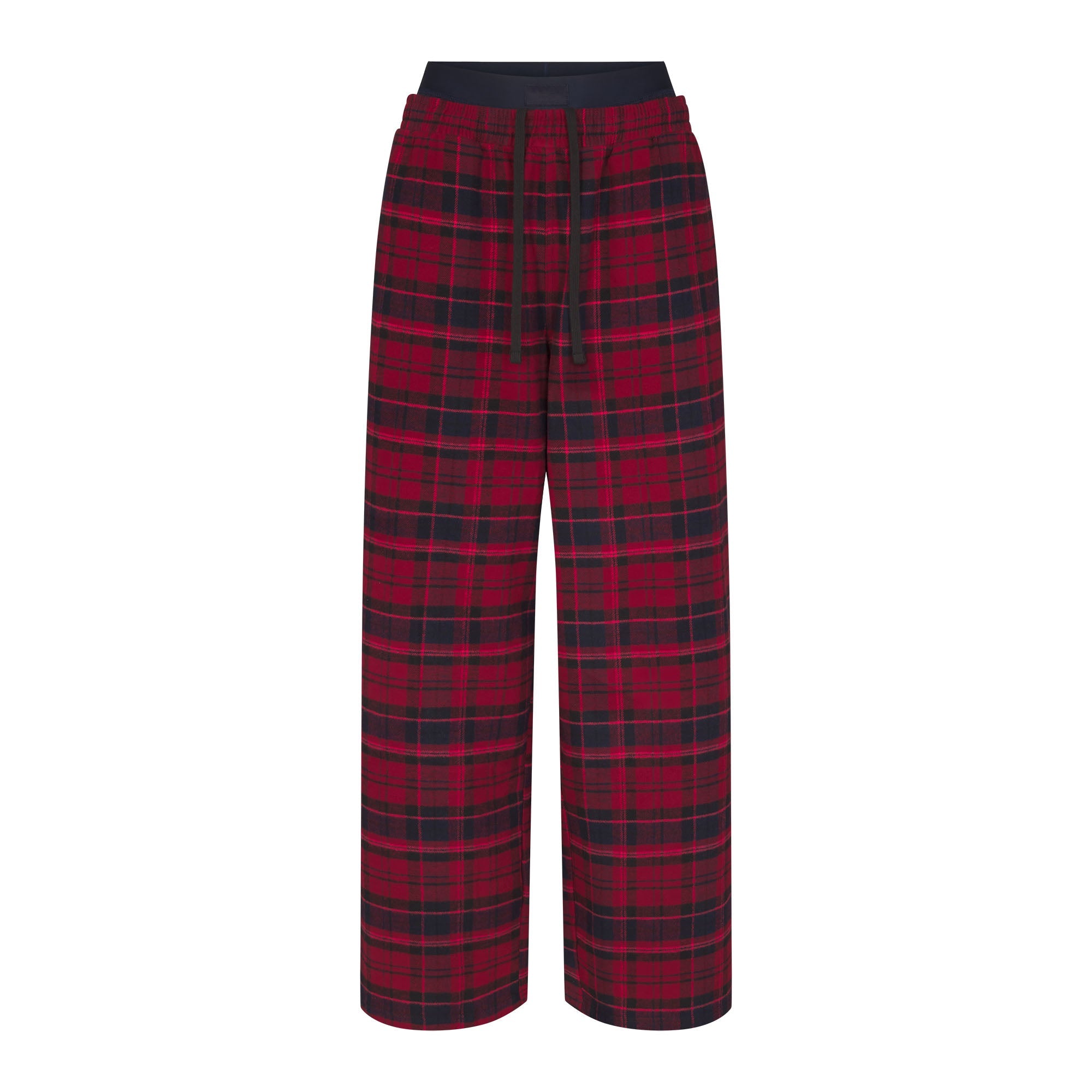 OUTDOOR FLANNEL OVERSIZED DOUBLE WAISTBAND PANT | MERLOT CABIN PLAID & LAYS FLAT ON A WHITE BACKGROUND | FLT