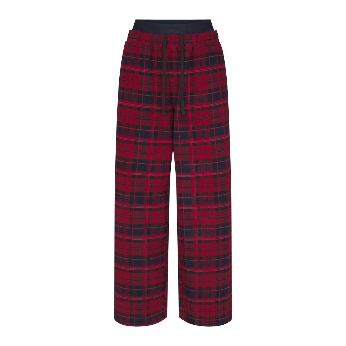 OUTDOOR FLANNEL OVERSIZED DOUBLE WAISTBAND PANT | MERLOT CABIN PLAID & LAYS FLAT ON A WHITE BACKGROUND | FLT