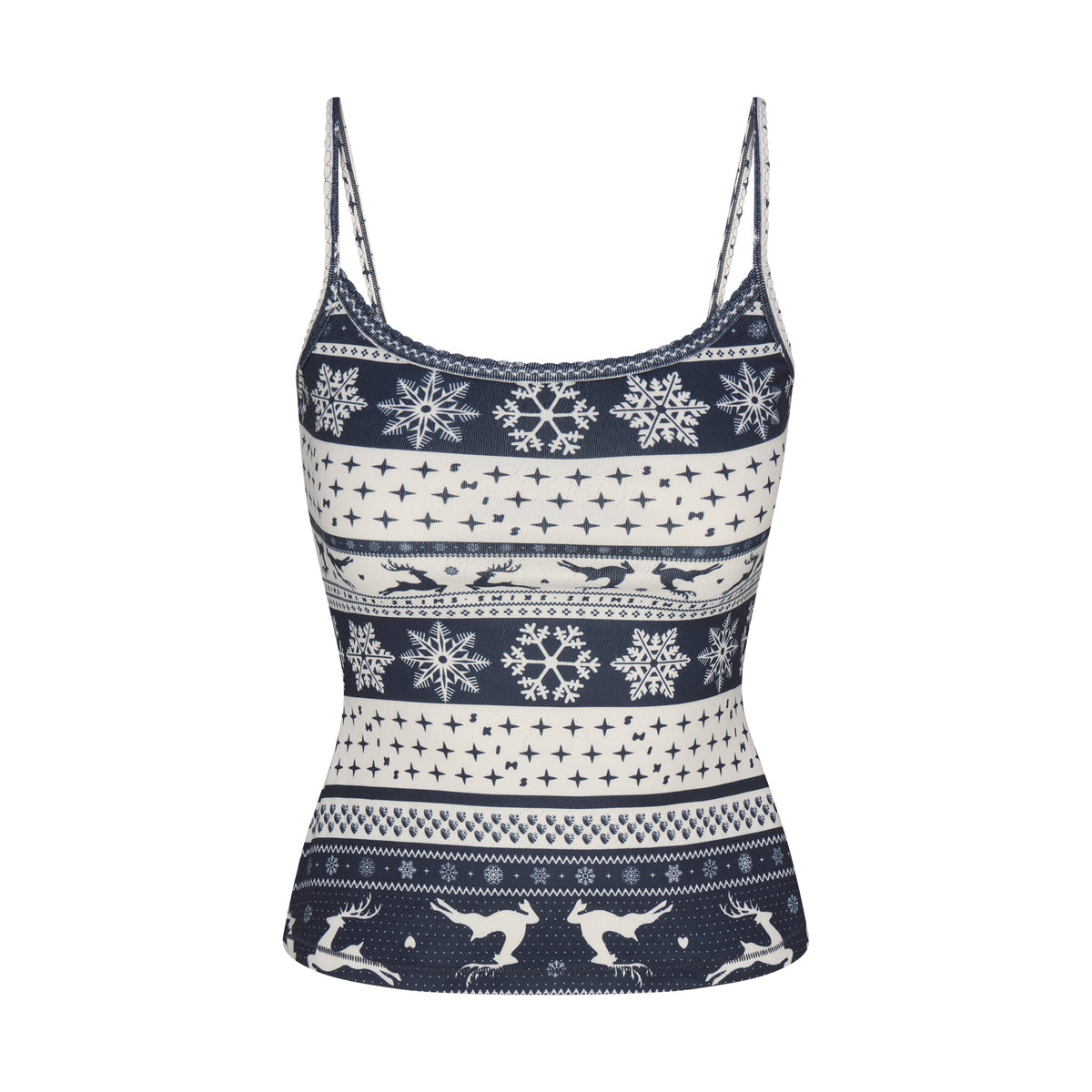 LOGO PLUSH POINTELLE CAMI | NAVY DEER FAIR ISLE FLAT ON A WHITE BACKGROUND | FLT