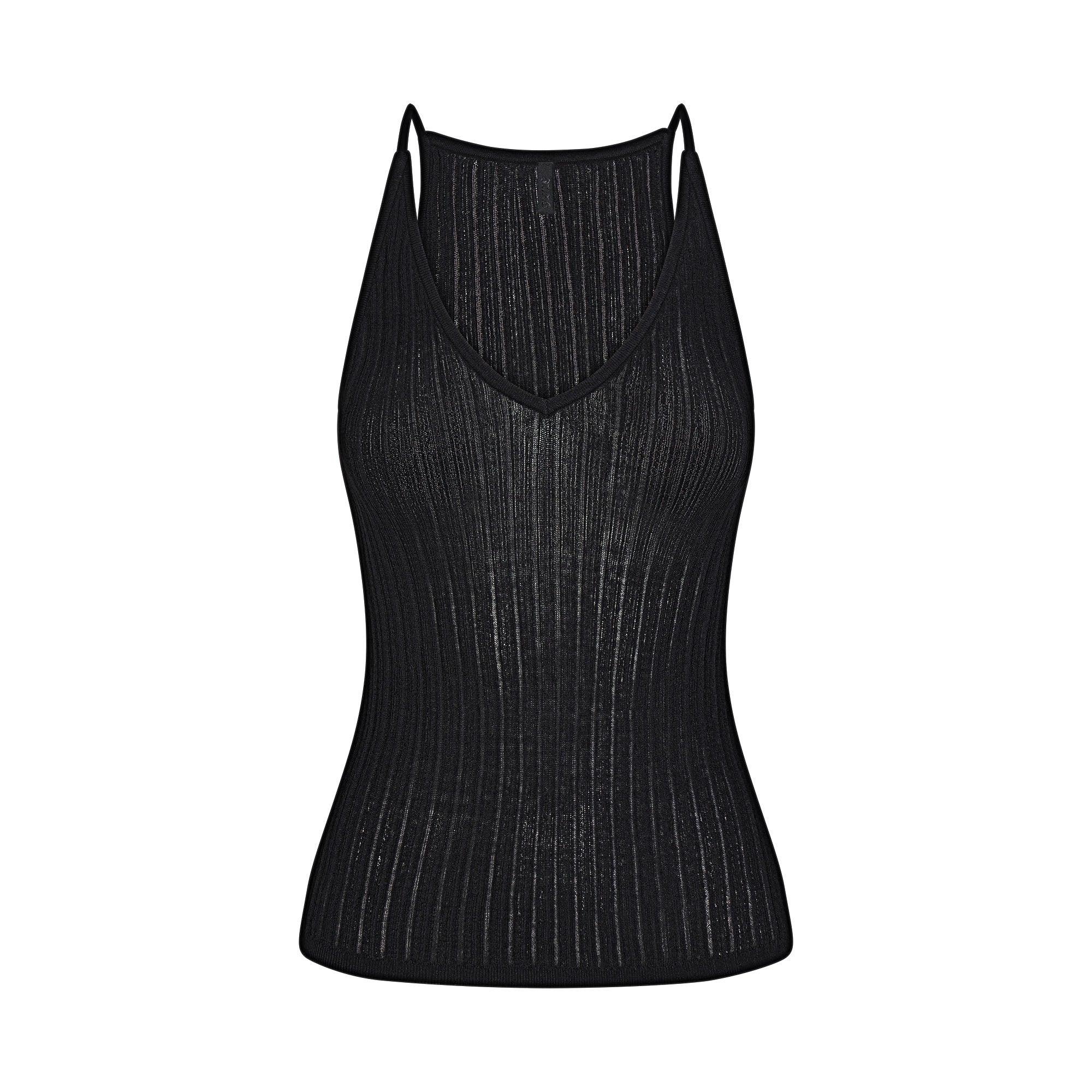 SHEER KNIT PLUNGE TANK | ONYX FLAT ON A WHITE BACKGROUND | FLT