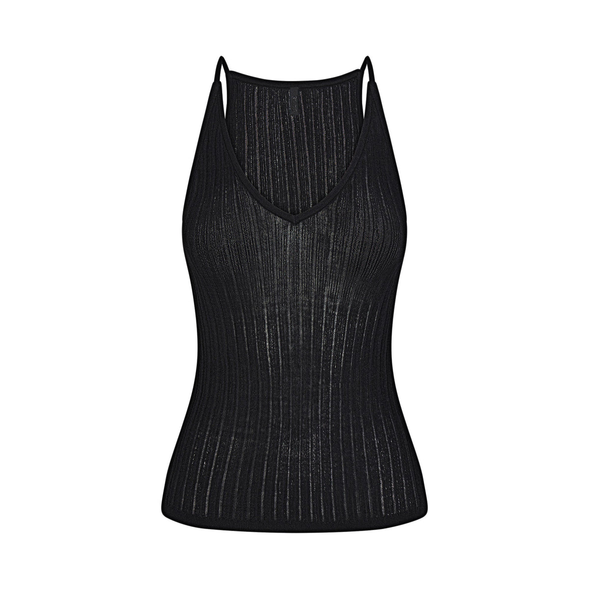 SHEER KNIT PLUNGE TANK | ONYX FLAT ON A WHITE BACKGROUND | FLT