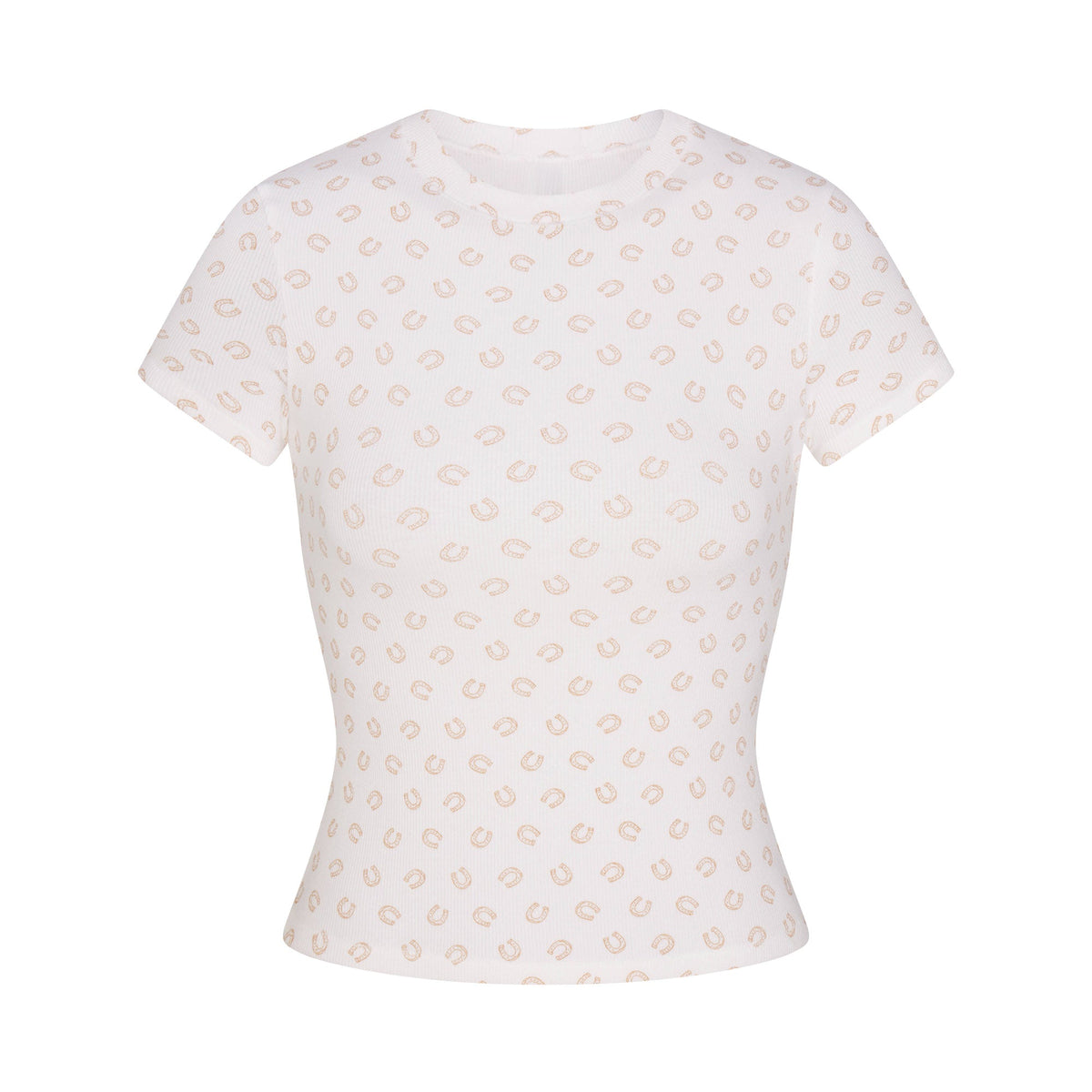 COTTON RIB T-SHIRT | OCHRE HORSESHOE PRINT FLAT ON A WHITE BACKGROUND | FLT