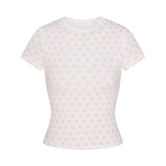 COTTON RIB T-SHIRT | OCHRE HORSESHOE PRINT FLAT ON A WHITE BACKGROUND | FLT