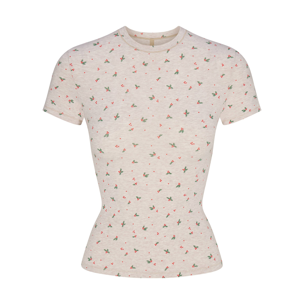 COTTON JERSEY T-SHIRT | OATMEAL HEATHER HOLLY PRINT FLAT ON A WHITE BACKGROUND | FLT