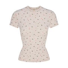 COTTON JERSEY T-SHIRT | OATMEAL HEATHER HOLLY PRINT FLAT ON A WHITE BACKGROUND | FLT