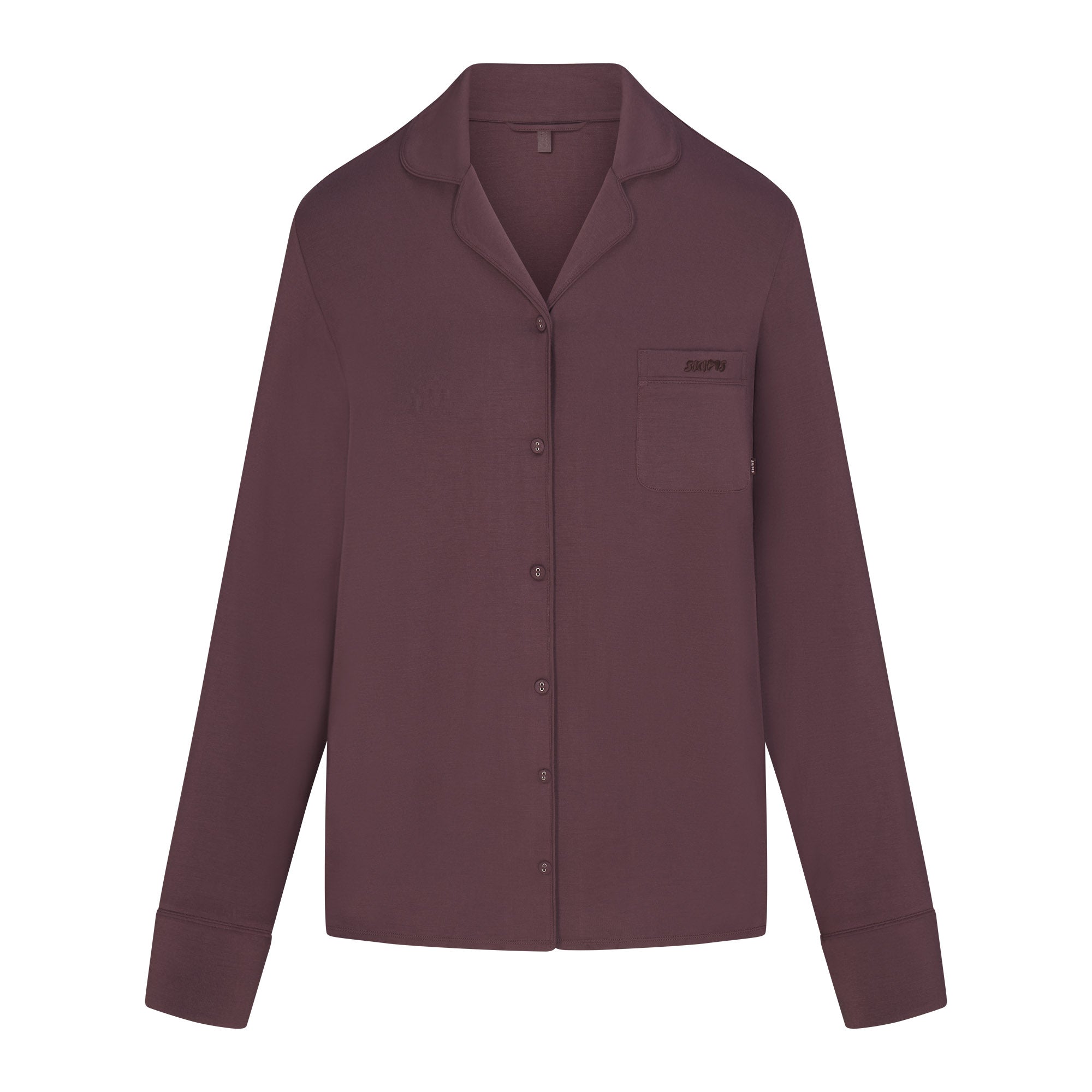 SKIMS SLEEP LONG SLEEVE BUTTON UP SET | RAISIN FLAT ON A WHITE BACKGROUND | FLT