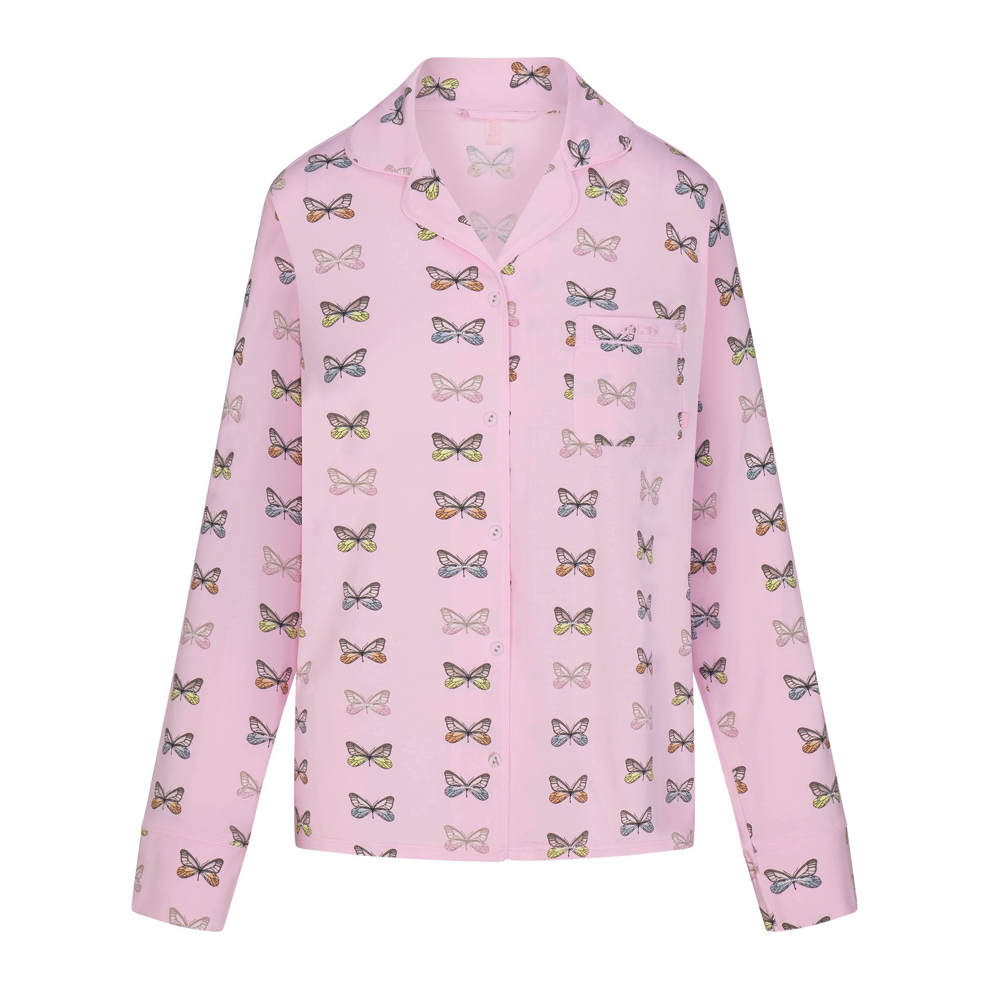 SKIMS SLEEP LONG SLEEVE BUTTON UP SET | PEONY BUTTERFLY PRINT FLAT ON A WHITE BACKGROUND | FLT